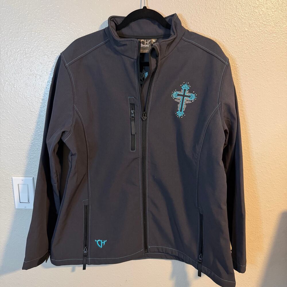 Cowgirl Hardware Gray Soft Shell Zip Up Jacket Embroidered Cross Size XL